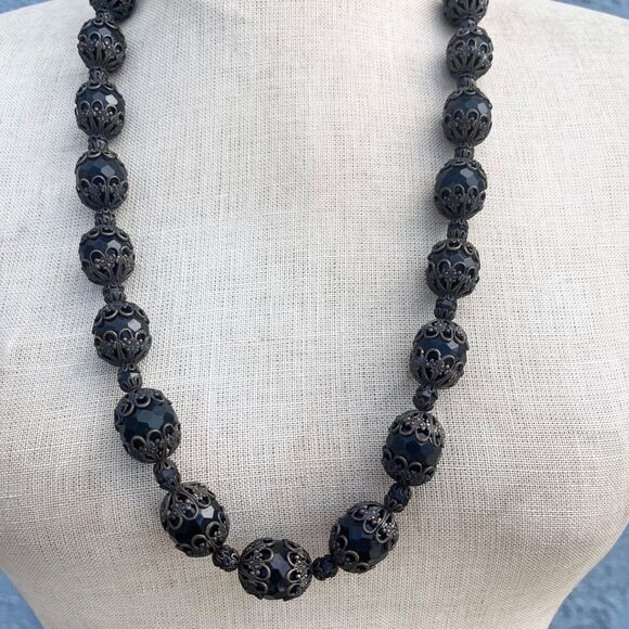 VIntage 1950s Black Beaded Statement Necklace Goth whimsygoth Antique - Picture 6 of 11